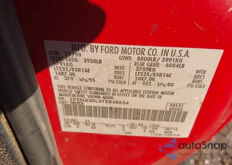 2000 Ford F-250 Lariat/Xl/Xlt z USA, uszkodzony, nr VIN 1FTNX20L3YEB48634